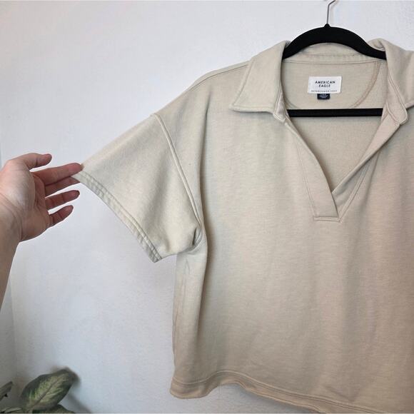 AMERICAN EAGLE Oversized Cropped Collared Sweatshirt Fleece Lined Top Boxy Sz L - Picture 5 of 11